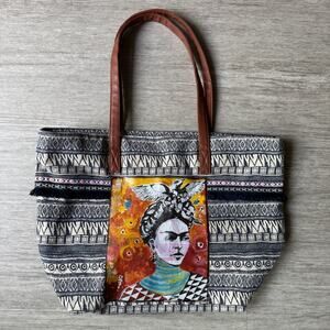 Frida Kahlo Handbag Canvas Tote Purse Zip Closure Rio Beach Life Lovers Art